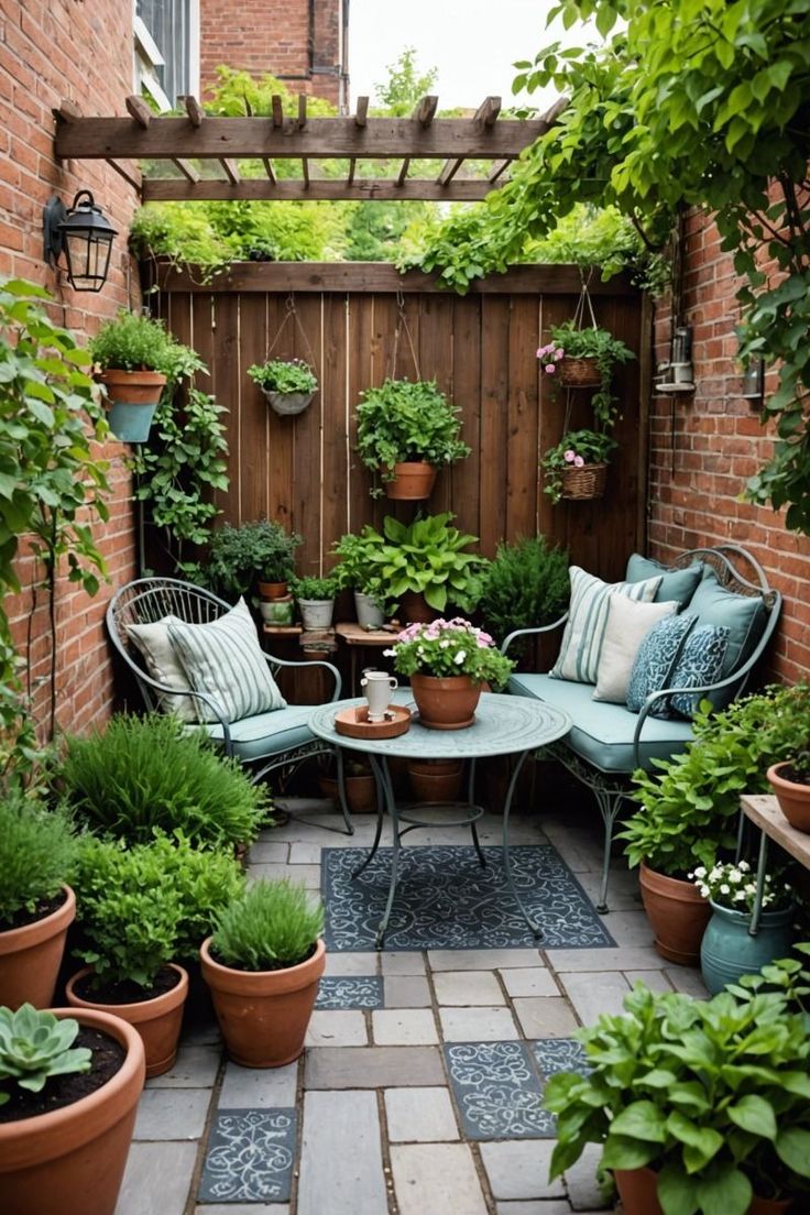 an outdoor patio with potted plants and seating on the floor, surrounded by brick walls