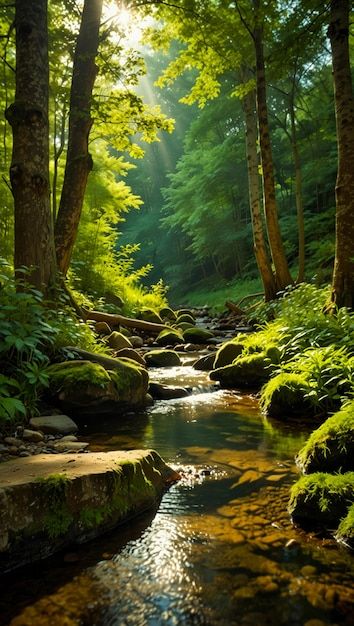 a stream running through a lush green forest filled with lots of trees and mossy rocks