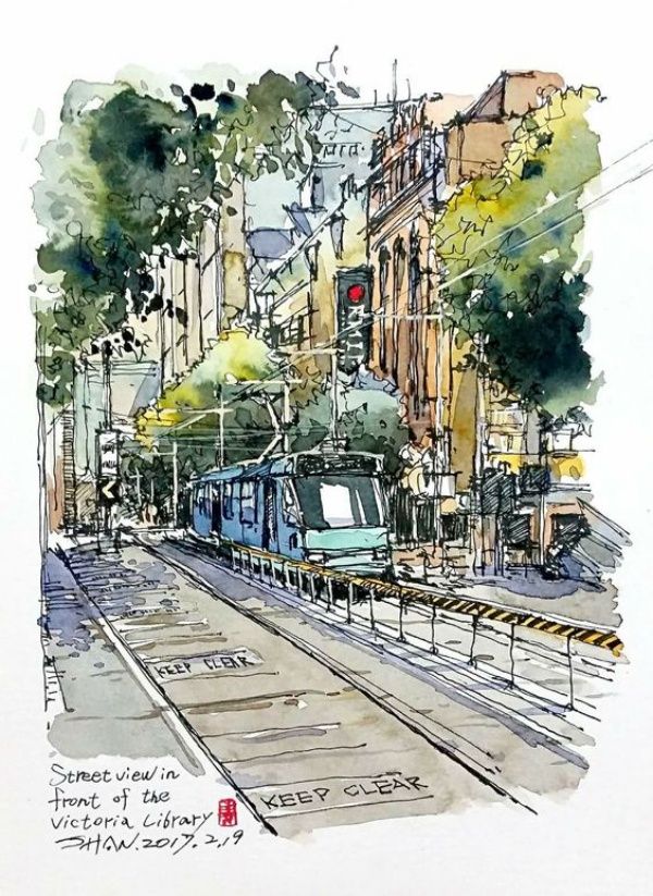 a watercolor painting of a train coming down the tracks in front of buildings and trees