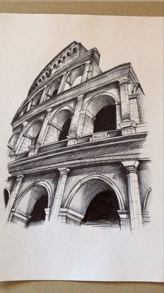 a drawing of an old building with arches