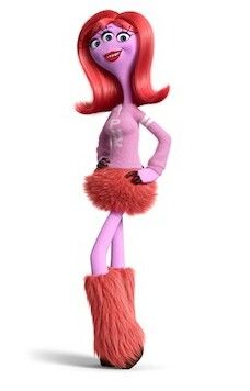 an animated character with red hair and pink makeup, standing on top of a furry boot