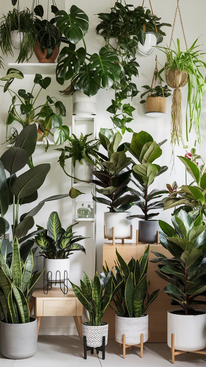 many houseplants are hanging on the wall in different shapes and sizes, along with one another