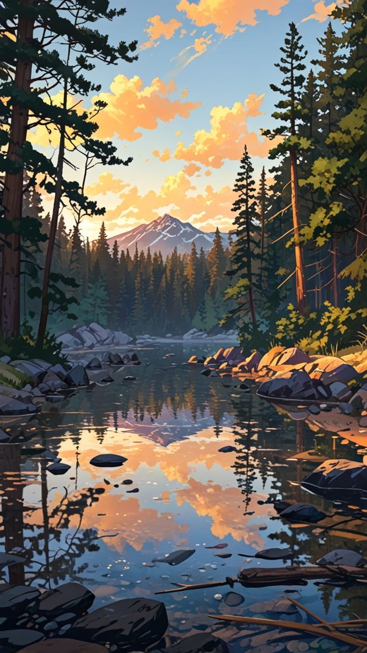 a painting of a mountain lake surrounded by trees and rocks with the sun setting in the background