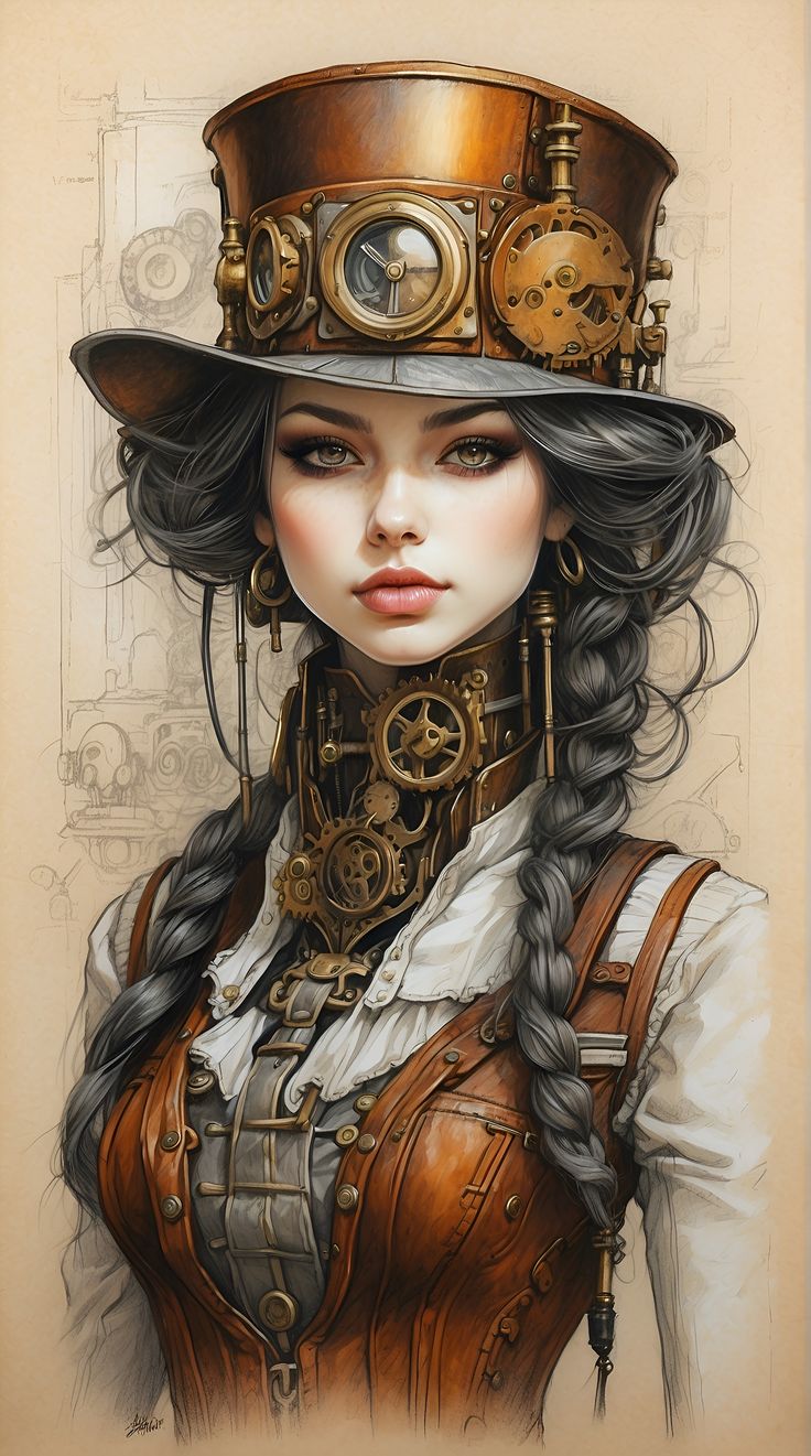 a drawing of a woman wearing a steampunk hat