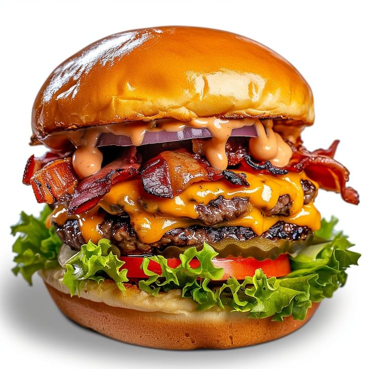 a large cheeseburger with bacon, lettuce and tomato slices on it