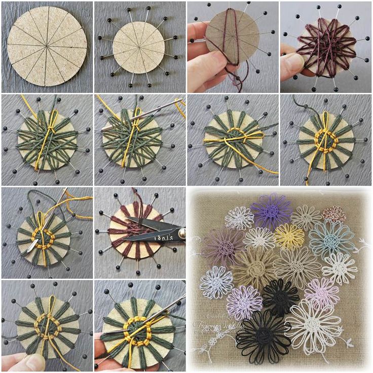 several pictures of different types of flowers being made out of wood and string, with instructions for how to make them