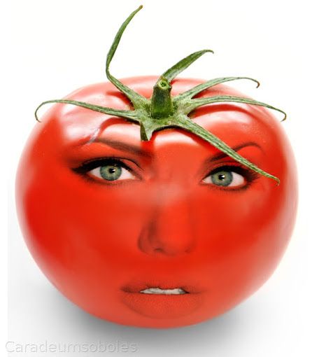 a woman's face with a tomato on her head, as if it were an alien