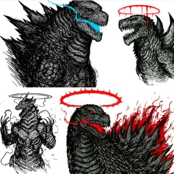 godzillas with red and black ink on them