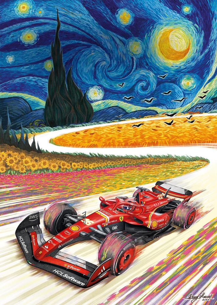 a red race car driving down a road under a night sky with stars and clouds