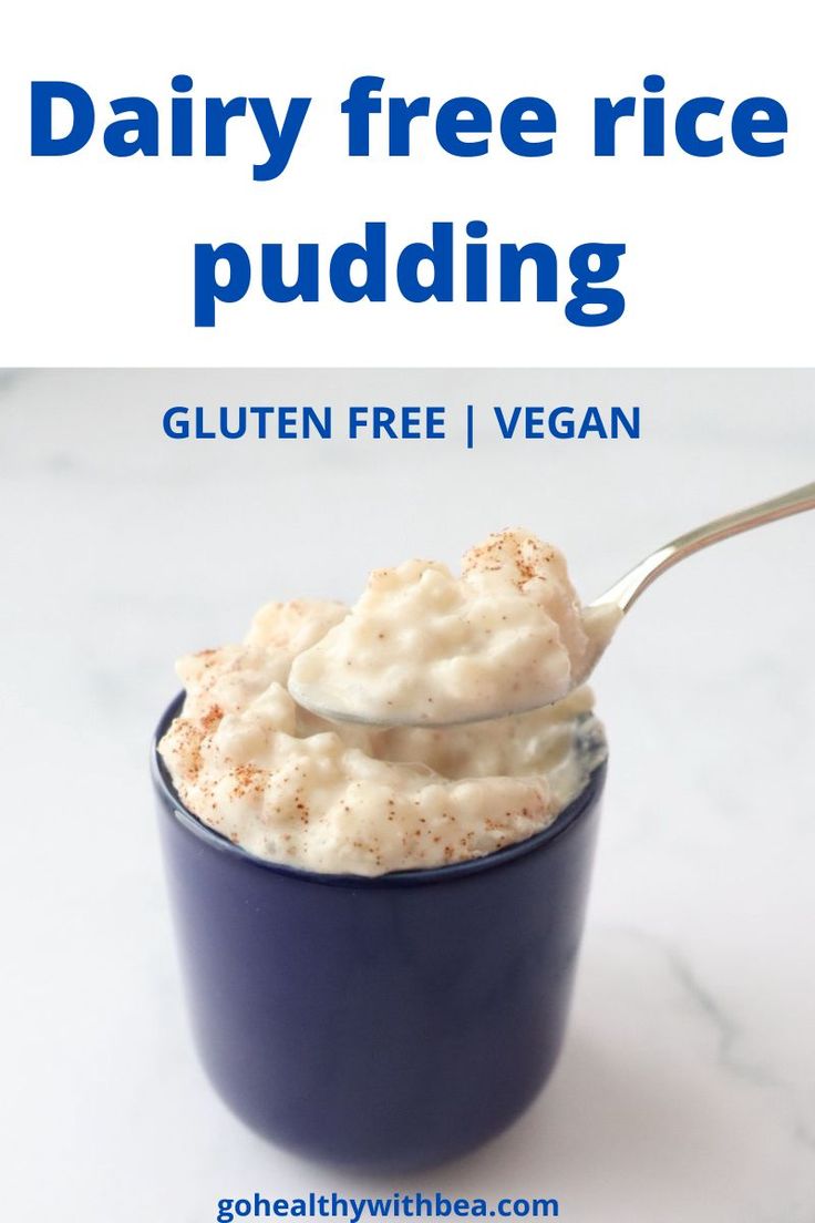 dairy free rice pudding in a blue bowl with a spoon on top and text overlay that reads gluten free vegan