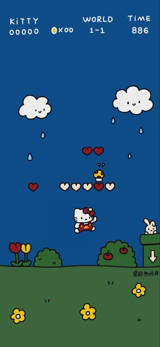 an image of hello kitty flying in the sky with clouds and flowers on it's back