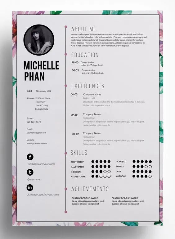 a white and black resume with flowers on it