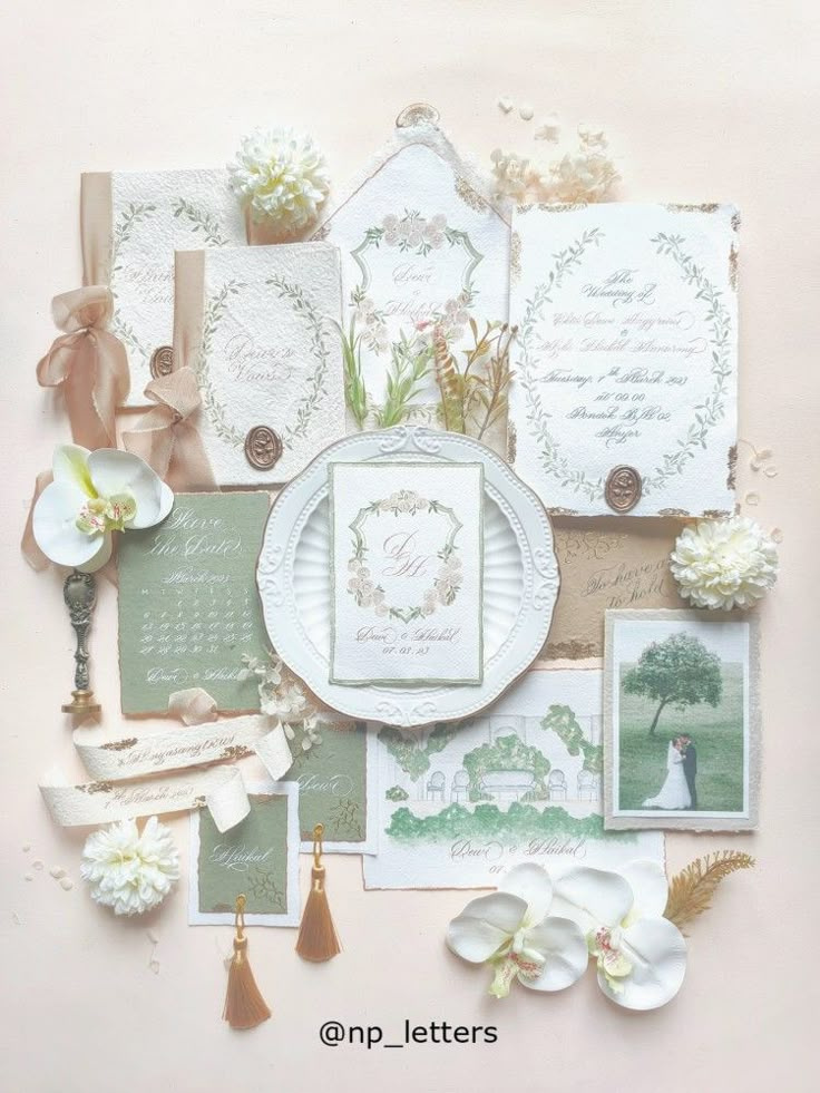 an assortment of wedding stationery with flowers and pictures on it, including the bride's bouquet