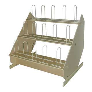 three tiered metal rack with hooks on each side and two separate sections for hanging items