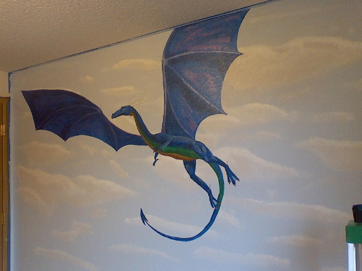 a painting of a blue dragon flying through the sky