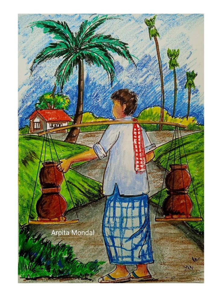 a drawing of a woman carrying two pots on her shoulders, with palm trees in the background