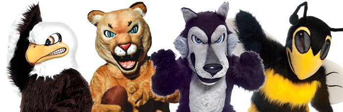 four different types of stuffed animals are shown in this image, one is wearing an eagle costume and the other has a wolf mask on it's head