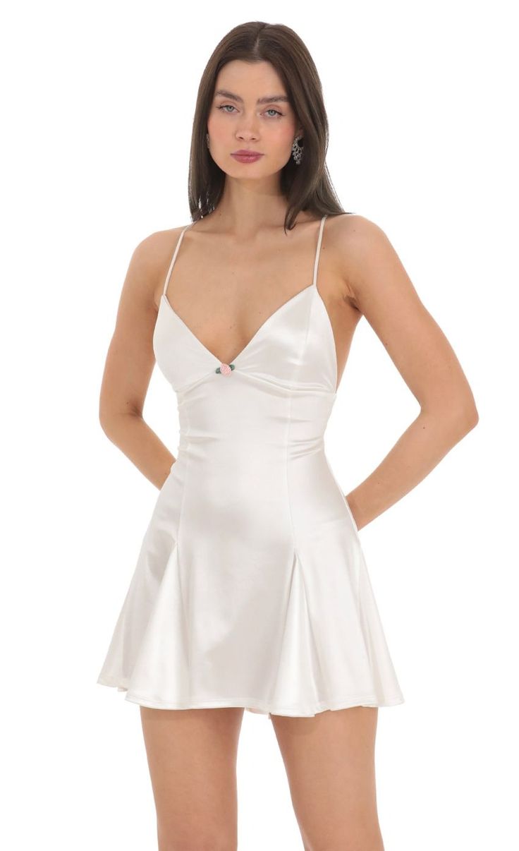 Satin A-line Dress in White | LUCY IN THE SKY White Hot Dress, Causal Summer Dress, Lucky In The Sky Dresses, White Going Out Dress, White Dress Night Out, White Formal Dresses Short, White Silk Dress Outfit, White Satin Dress Short, Short White Satin Dress