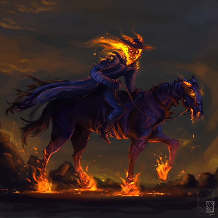 a man riding on the back of a horse in front of a fire filled sky