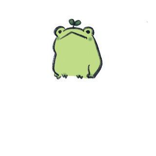 a drawing of a green frog with a bow on its head, sitting in front of a white background