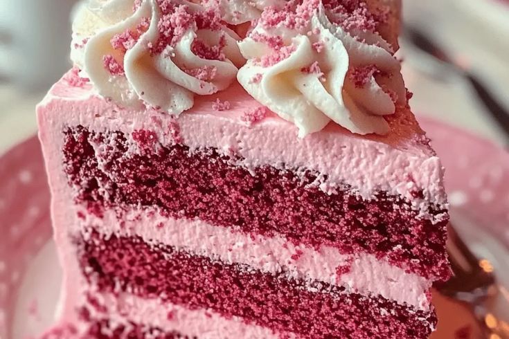 a slice of pink cake with white frosting and sprinkles