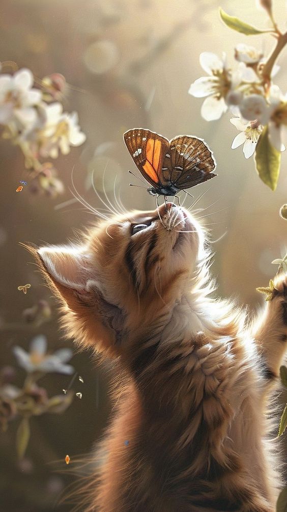 a kitten reaching up to a butterfly on top of it's head in the air