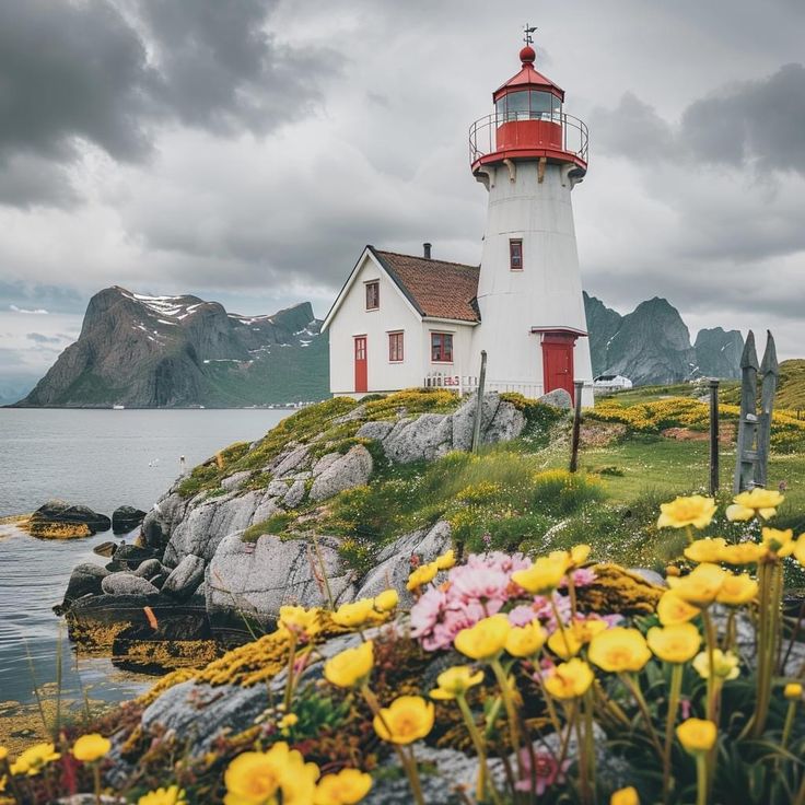 a white and red light house sitting on top of a hill next to the ocean