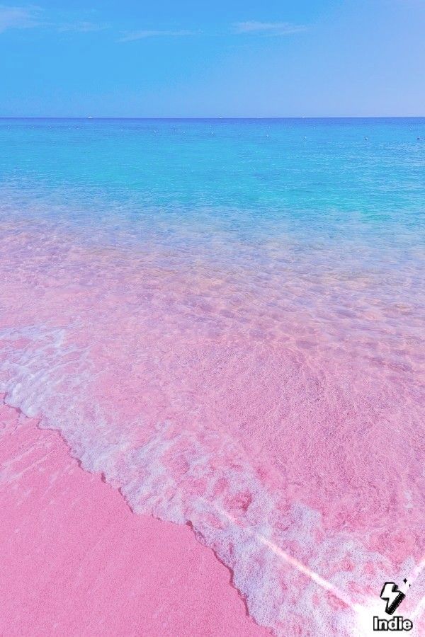 pink sand and blue water at the beach