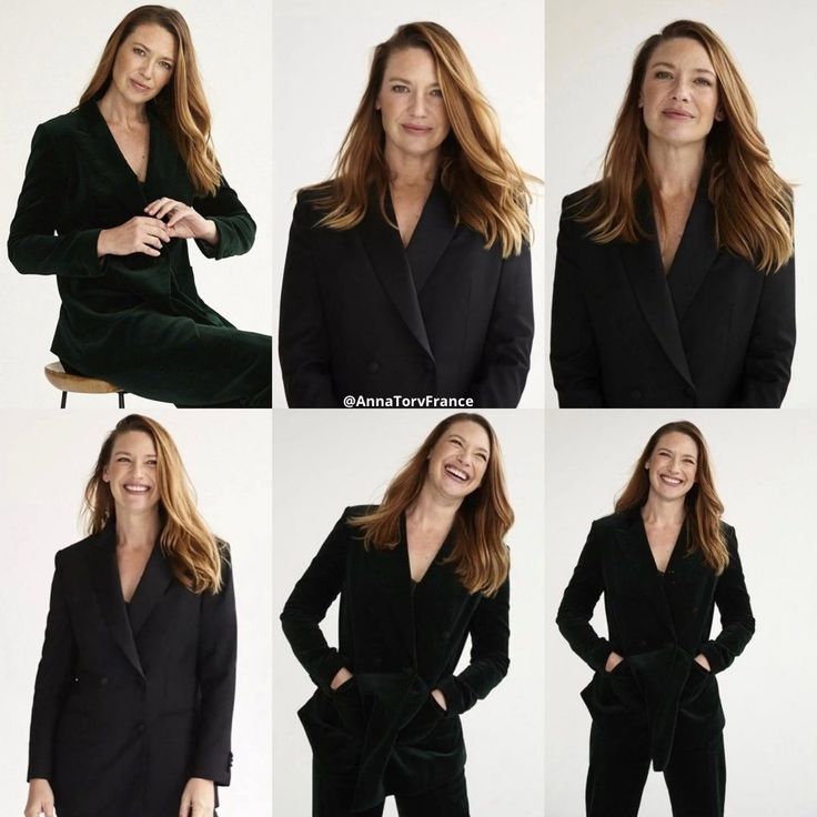 four different pictures of a woman in black suit and pants with her hands on her hips