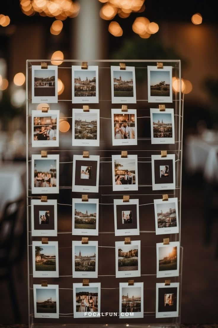 Guests' Polaroid cards hanging on a string display, showcasing candid moments and memories, highlighting Instax Mini wedding ideas. Wedding Guest Book Ideas Photo Polaroid Pictures, Mini Wedding Photos, Polaroid Wall Wedding Guest Books, Polaroid Display Ideas Wedding, Instax Mini Wedding Guest Book, Wedding Guest Polaroid, Wedding Instax Ideas, Wedding Sign Window, Instant Photo Ideas