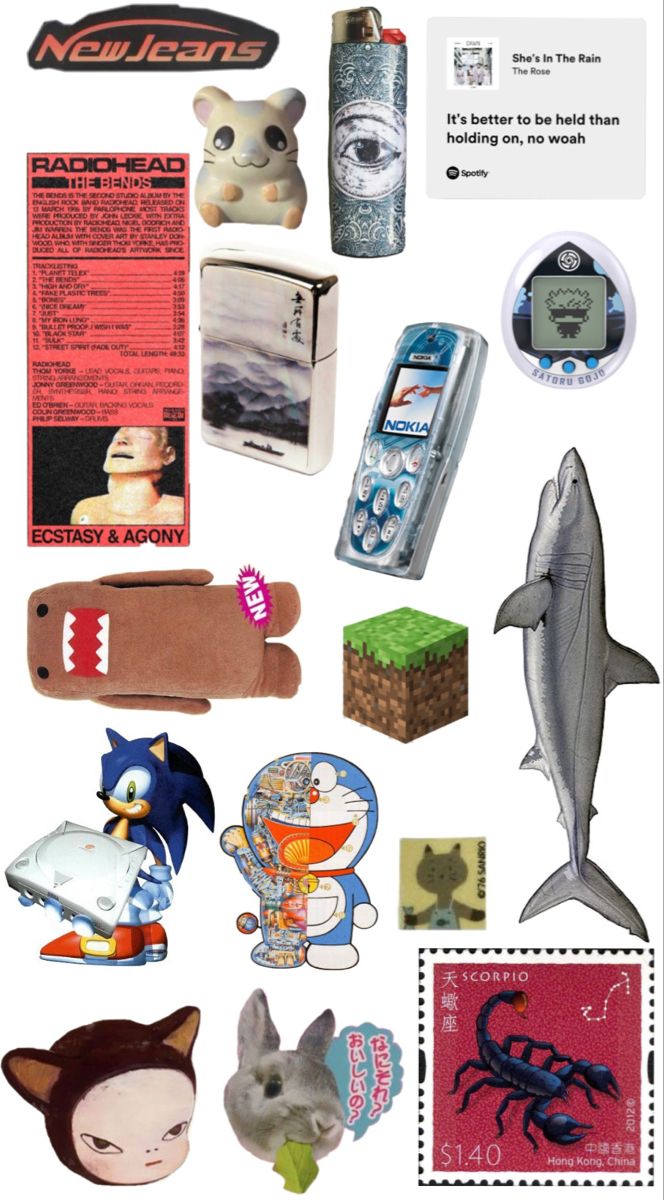 an assortment of different items are shown in this collage, including cell phones and magnets