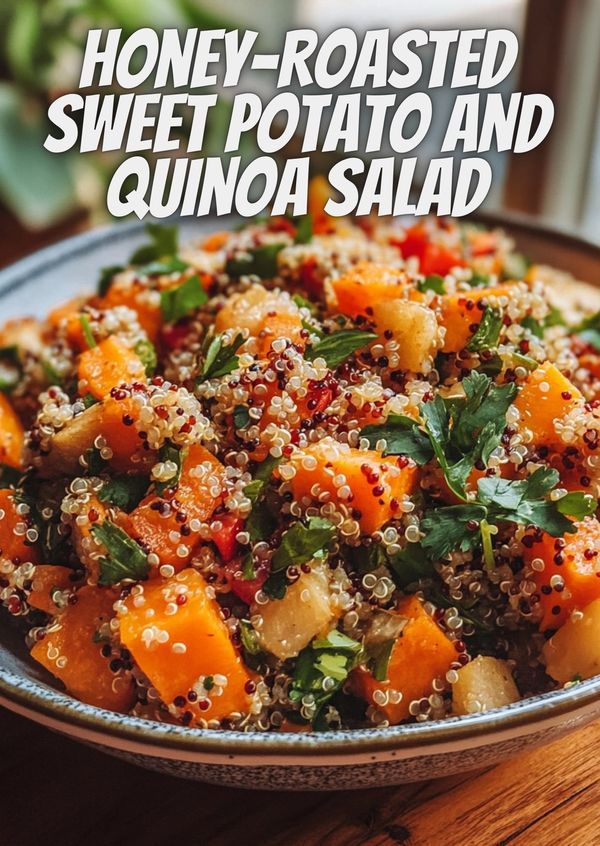 a bowl filled with sweet potato and quinoa salad on top of a wooden table