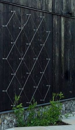 a black fence with metal bars on it and some plants in the corner next to it