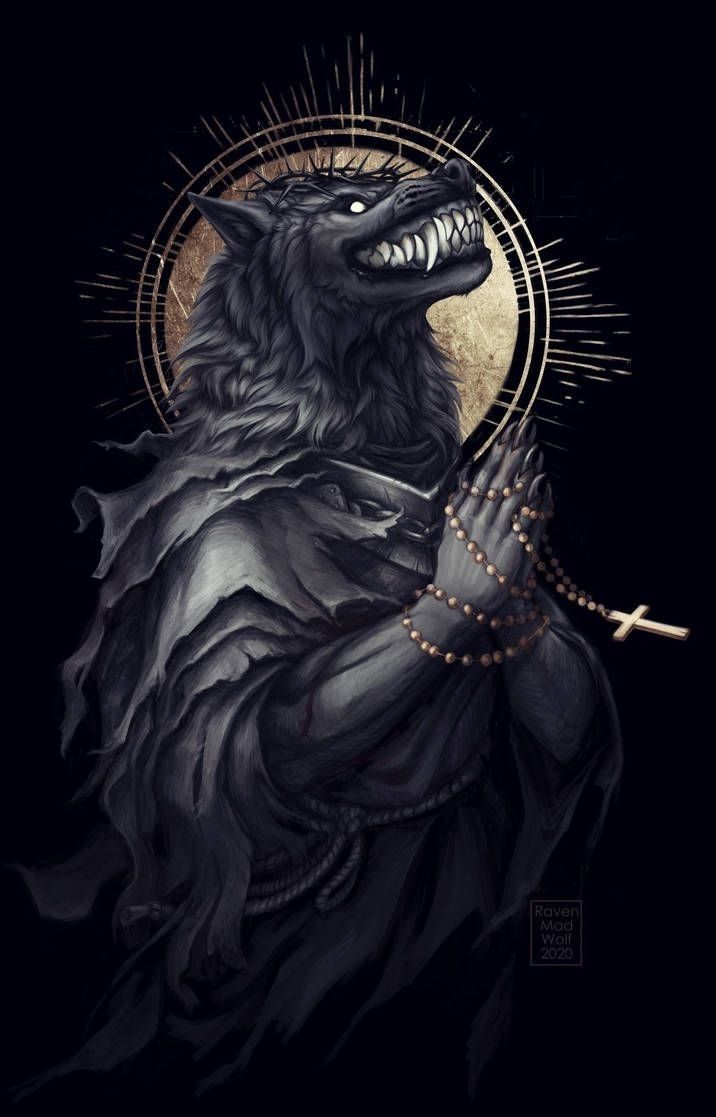 a black wolf with its mouth open holding a rosary