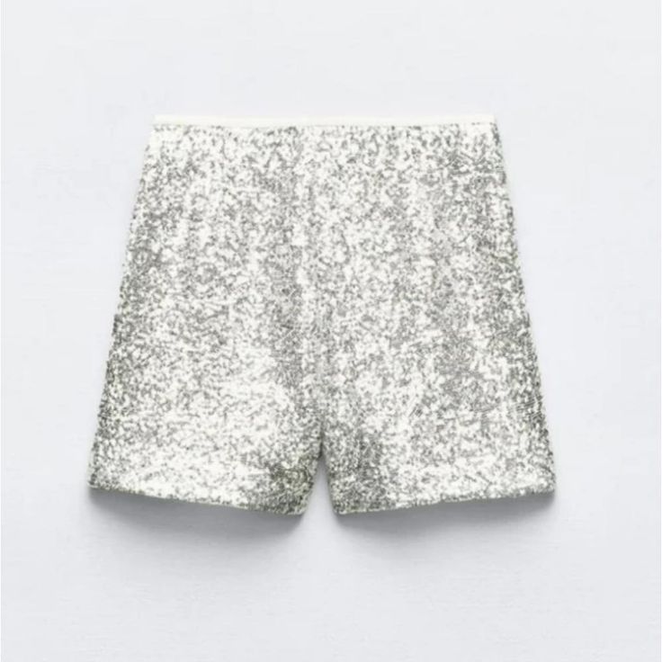 New With Tag Zara 2024 Collection Shorts With A High Waist With Interior Lining. Sequin Appliqus. Side Zip Closure. Silver | 2872/482 Outer Shell 99% Polyester 1% Elastane Lining 100% Polyester Which Has At Least Lining 100% Rcs-Certified Recycled Polyester Party Pants With Built-in Shorts, White Sequined Bottoms For Summer, Casual Party Shorts With Sequins, Casual Sequined Shorts For Party, Glamorous White Summer Bottoms, Casual Spring Sequin Shorts, Elegant Short Inseam Summer Pants, Glamorous Sequined Bottoms For Summer, High-waisted Sequin Shorts For Summer