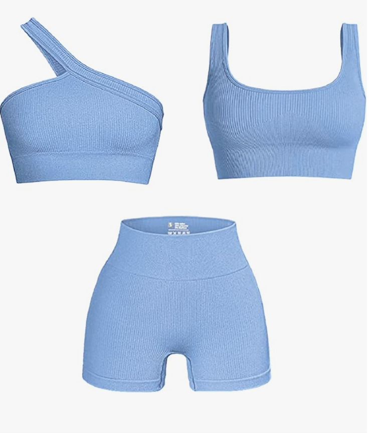 the cutest three piece workout set with a unique twist Workout Clothes Shorts, Workout Sets For Women, Two Piece Outfits, Fitness Activewear, Workout Fits, High Intensity Workout, High Waist Shorts, Gym Tops, Summer Crop Tops