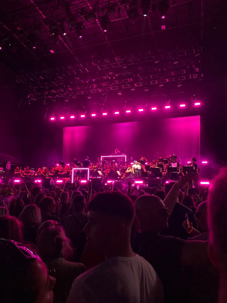 a large group of people in front of a stage with purple lights and microphones