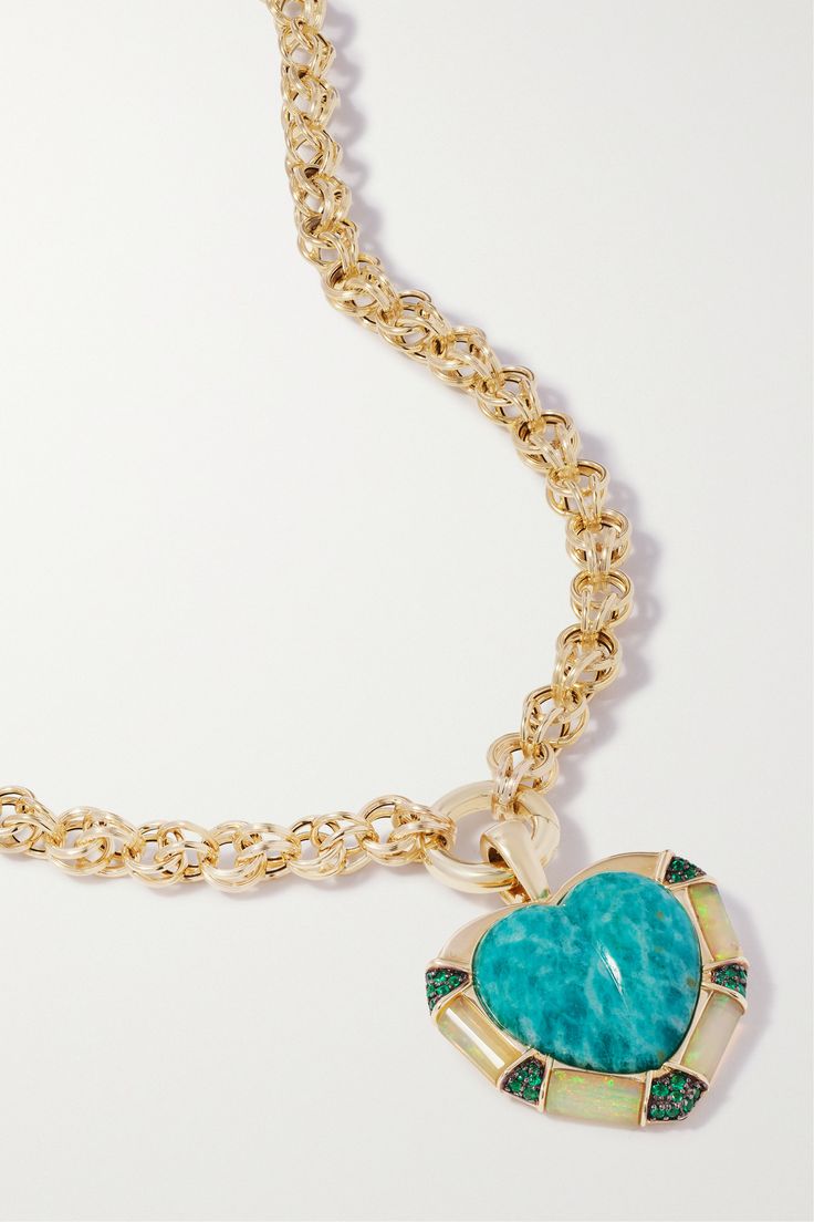 A heart-shaped amazonite centers Mason and Books' 'DNA' necklace – also known as the 'Hope Stone,' it's believed to promote inner strength, trust and self-love. Handcrafted in New York from 14-karat gold and strung on a crocheted chain, the pendant is framed with iridescent Ethiopian opal inlays and tiny emeralds. Dna Necklace, Book Jewelry, Green Opal, Inner Strength, Fine Jewellery Necklace, Multi Stone, Gold Jewellery, Ethiopian Opal, Stone Necklace