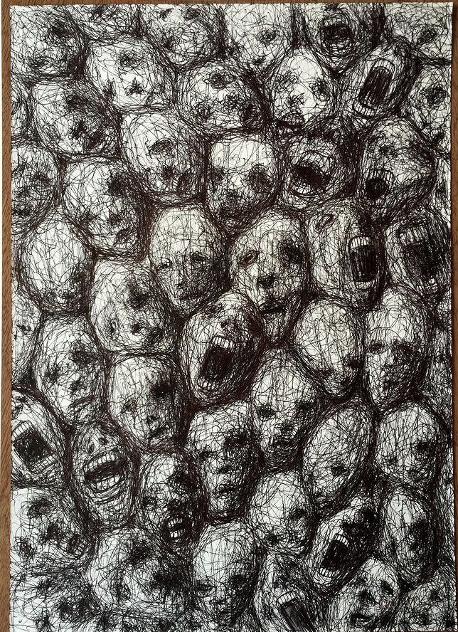 an abstract drawing of many skulls on a brown background with black and white lines in the middle