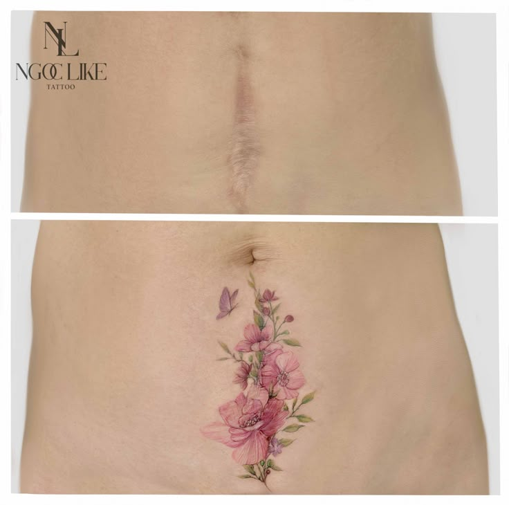 the side view of a woman's stomach with pink flowers on it