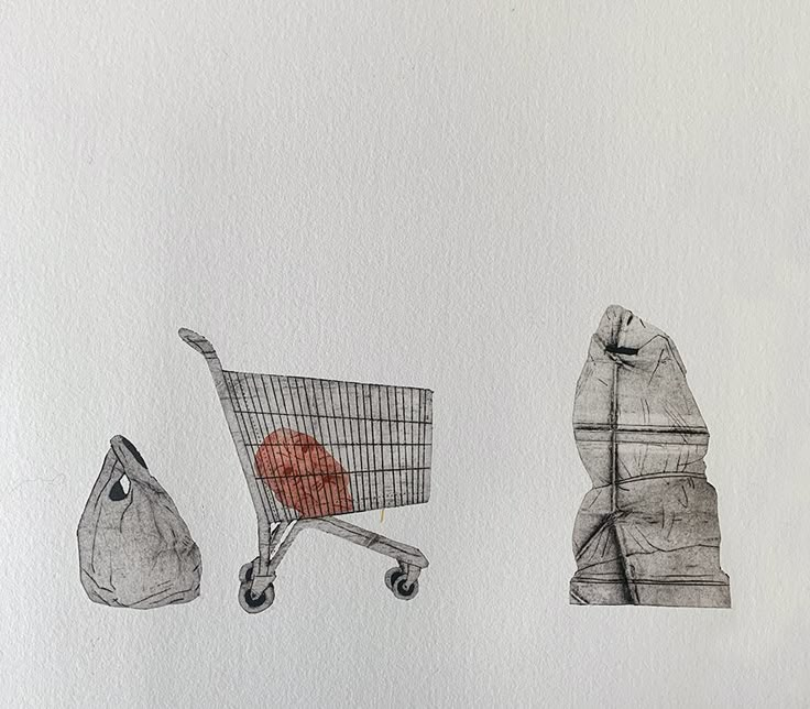 a drawing of a shopping cart and two bags