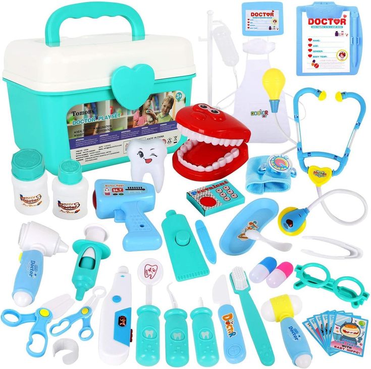 an assortment of toys including dental instruments and toothbrushes are shown in this image