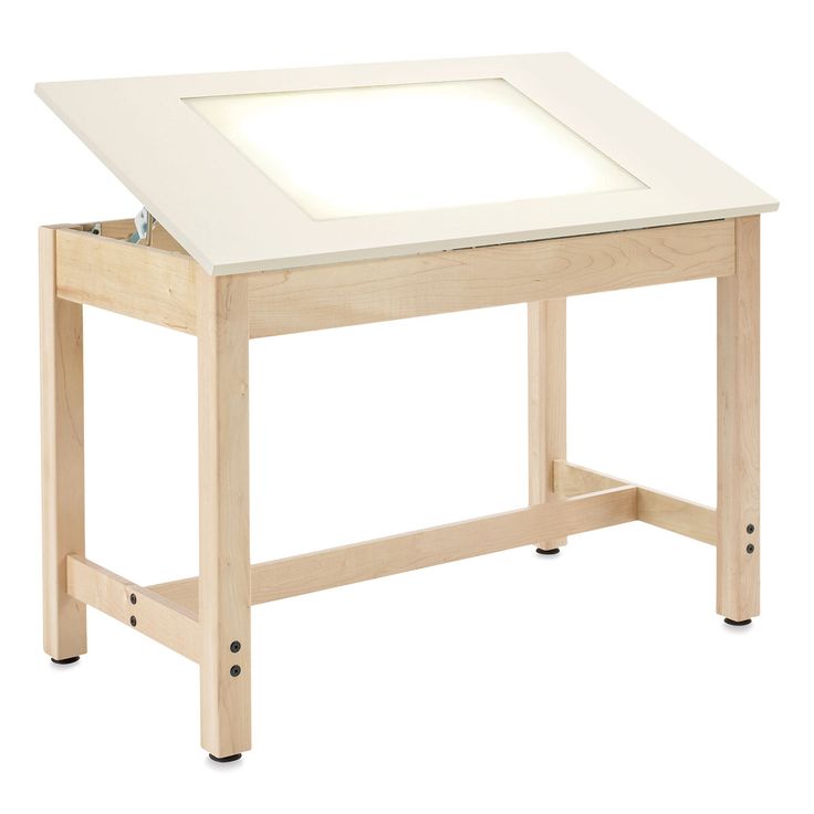 a wooden table with a white top and drawer on the bottom, in front of a white background