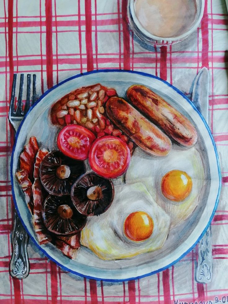 a painting of eggs, sausages and tomatoes on a white plate with a red checkered tablecloth