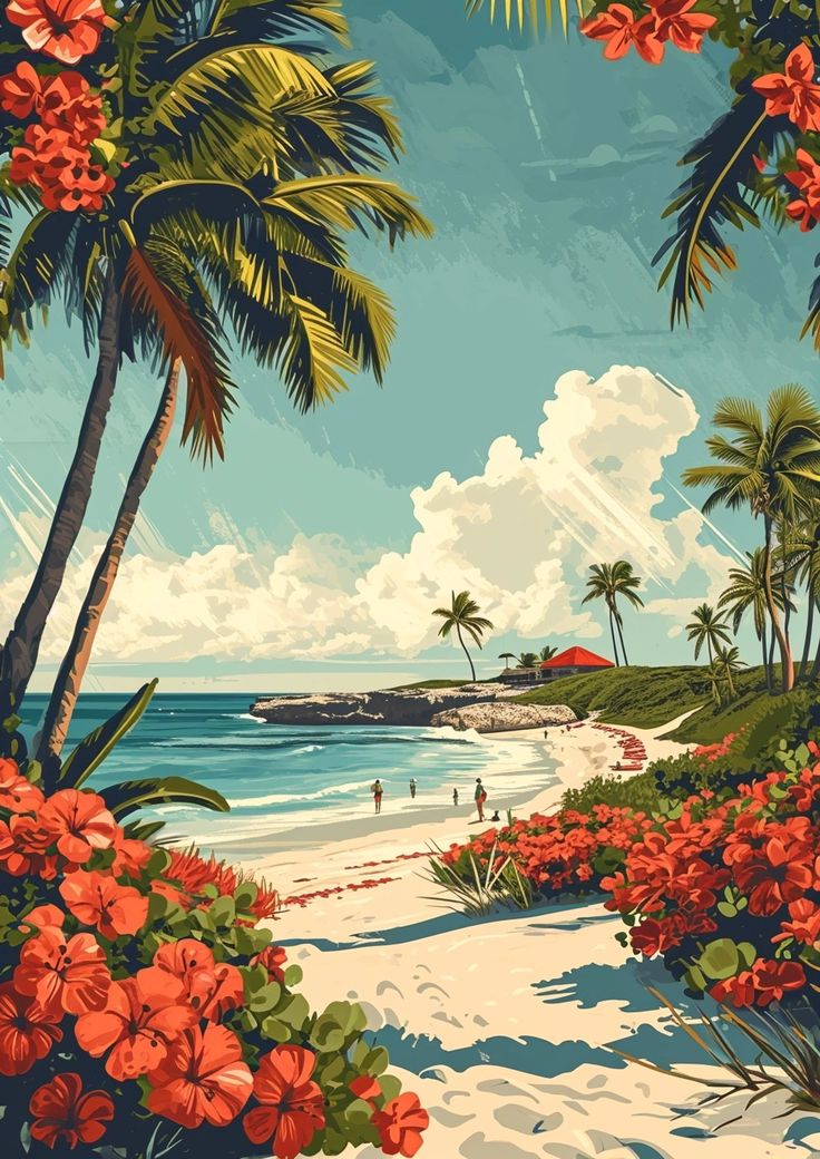 an image of a tropical beach scene with flowers and palm trees