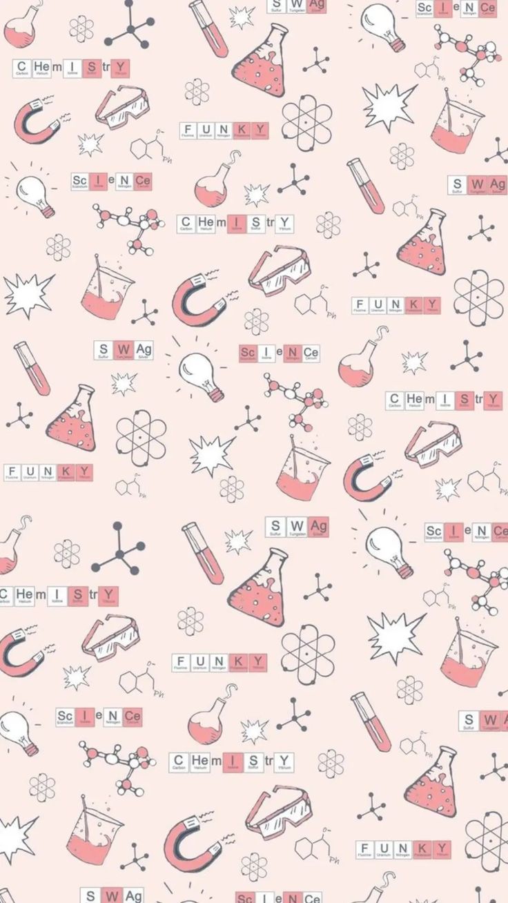 a pink and white background with different types of objects on it's surface, including letters