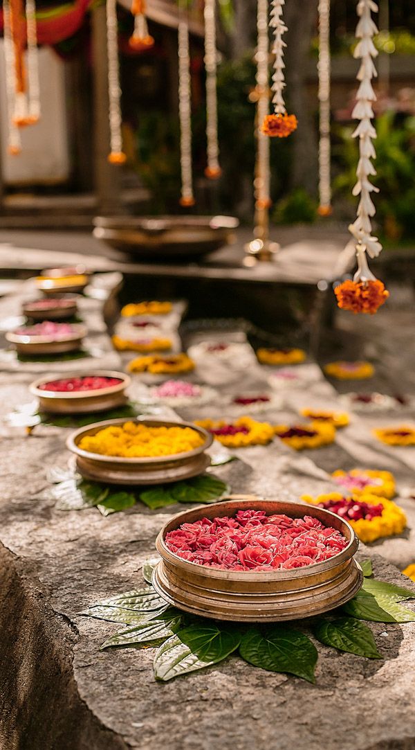 several bowls filled with flowers on top of a stone slab in front of hanging decorations