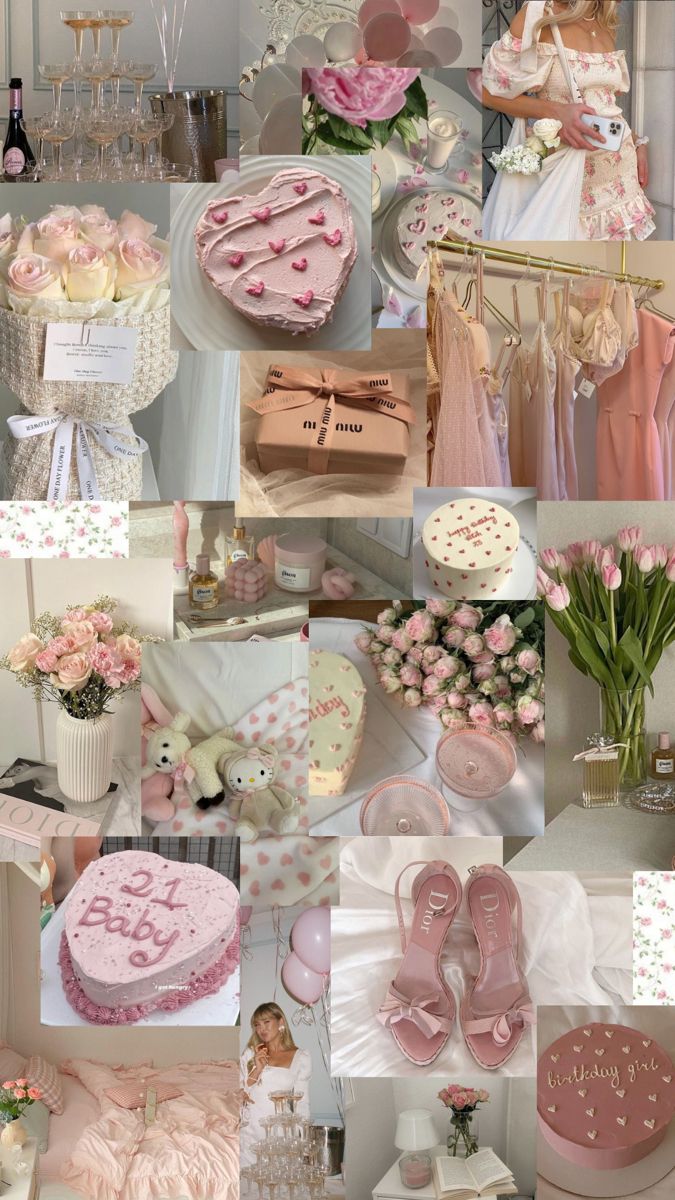 a collage of pink and white pictures with baby shoes, cake, flowers, teddy bears