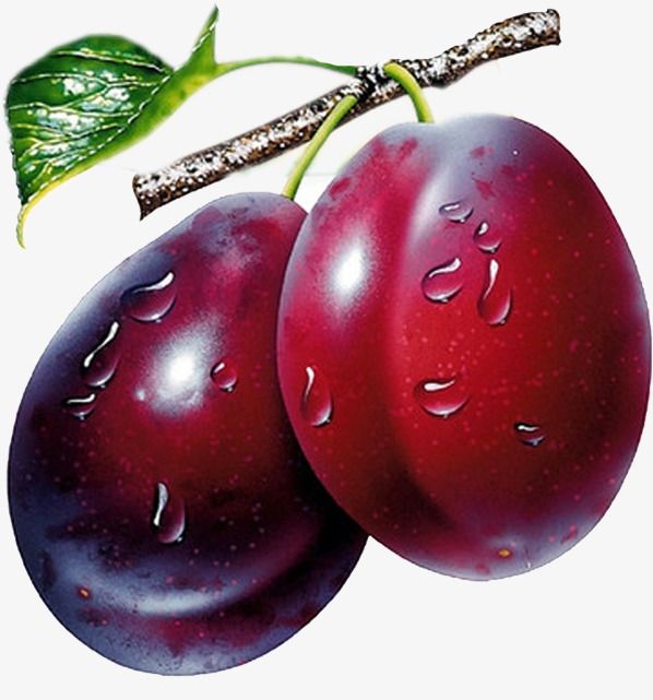 two plums with water drops on them