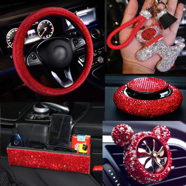 red minnie mouse car steering wheel cover with mickey ears on the front and center console